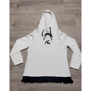 Crown & Ivy Women's Petite White Striped Hoodie With Fringe Hem Size PM‎
